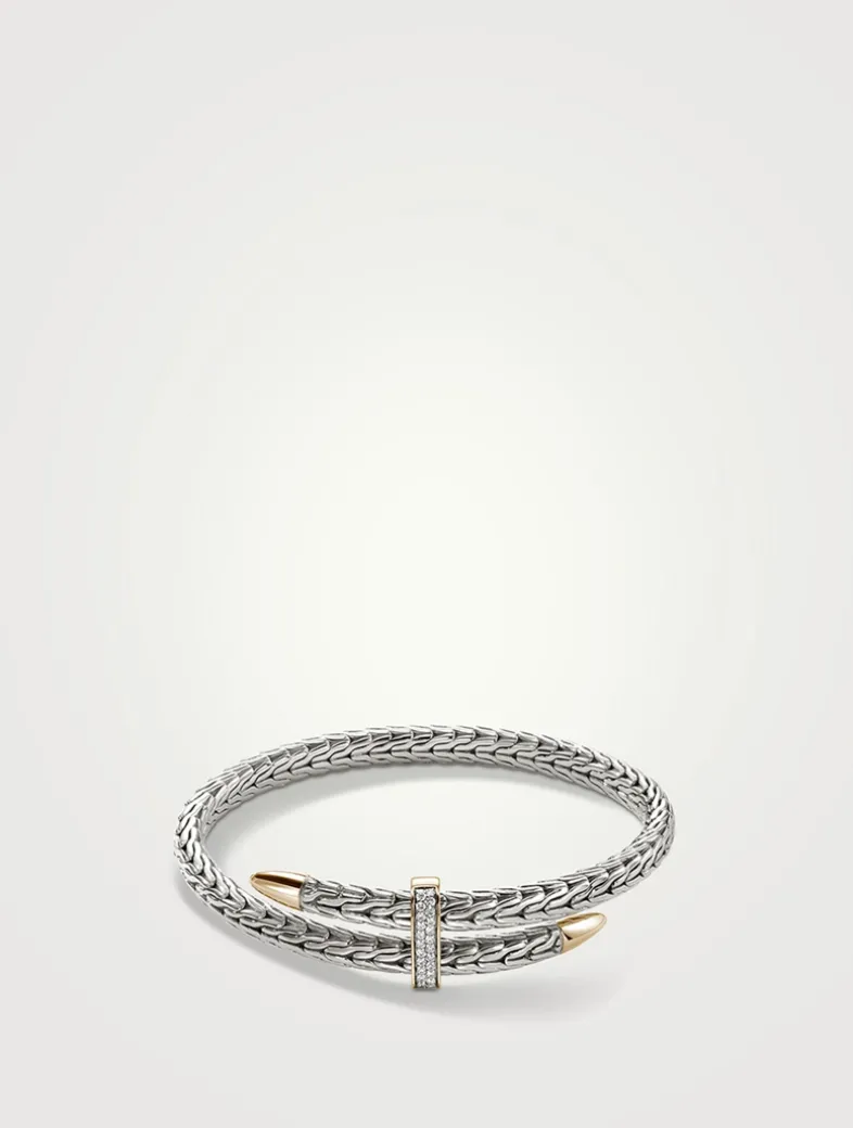 Spear 14K Gold And Silver Bypass Flex Cuff Bracelet With Pavé Diamonds