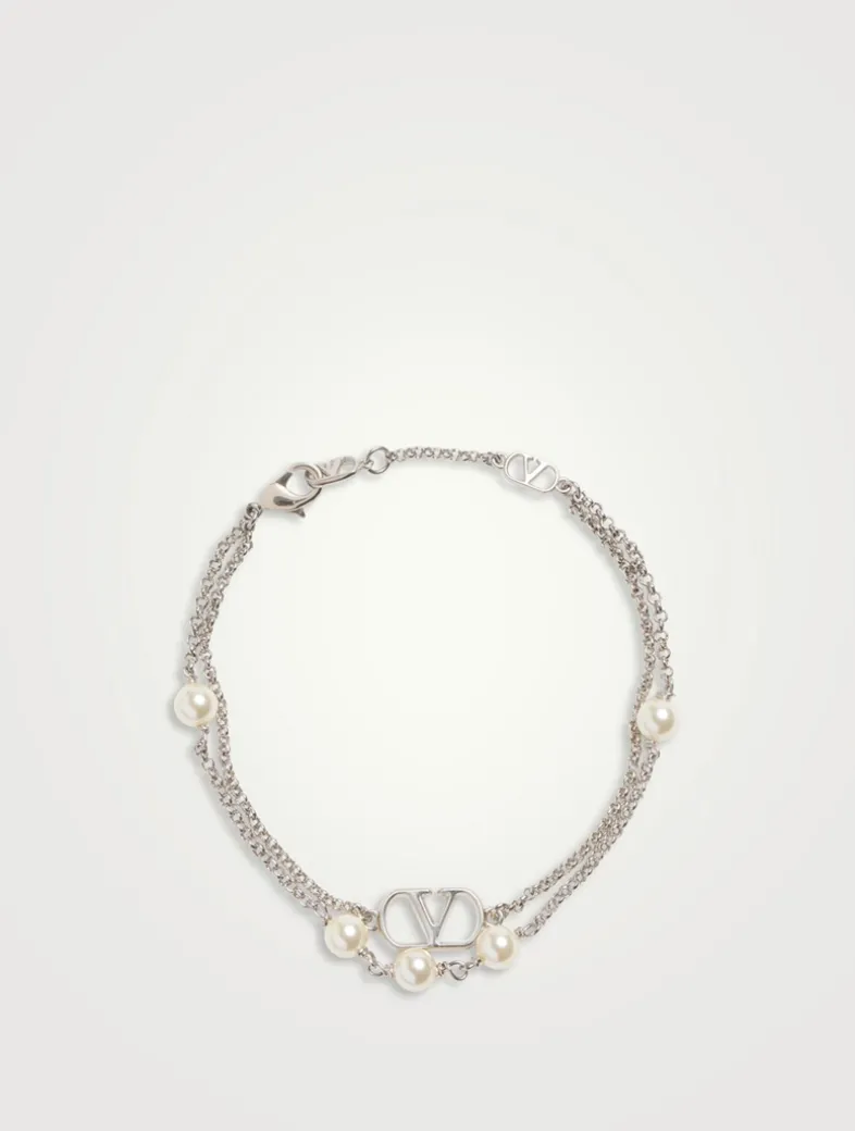 VLogo And Faux Pearl Double-Chain Bracelet
