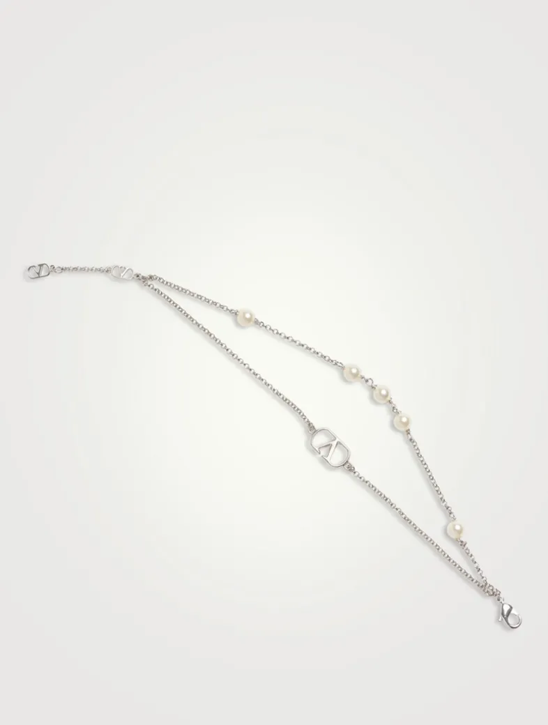 VLogo And Faux Pearl Double-Chain Bracelet