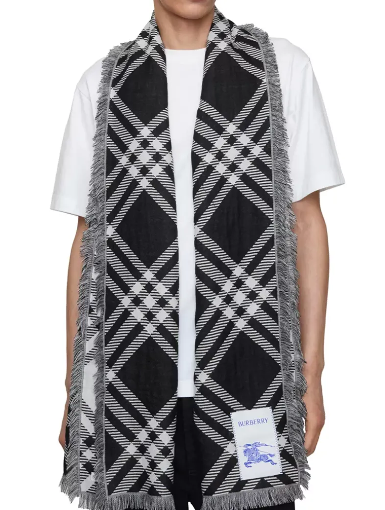 Wide Check Wool Silk Scarf